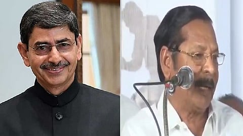 (L) TN Governor RN Ravi; DMK Organizational Secretary RS Bharathi (R)