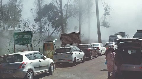 Vehicles line up on way to Pillar Rocks in foggy climate as tourists throng Kodaikanal on Sunday