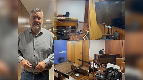 Minister-Chief of the Secretariat of Social Communication for Brazilian President Paulo Pimenta shows Presidential Palace after protesters stormed building.