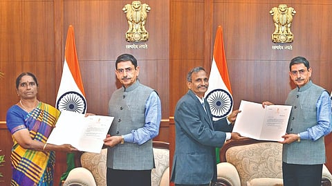 Dr K Kala and Dr S Arumugam receiving certificates of
appointment from Governor RN Ravi on Friday