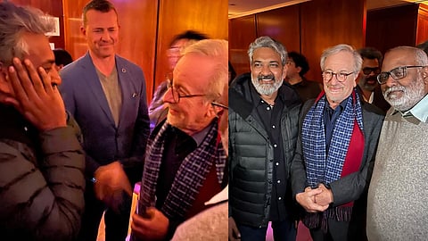 SS Rajamouli with Steven Spielberg (right) Rajamouli, Steven Spielberg and MM Keeravani