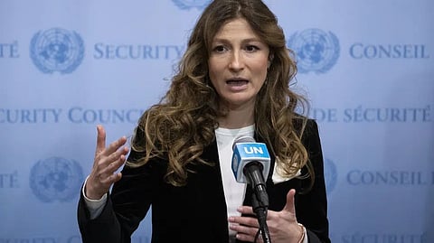 Ms. Emine Dzhaparova, First Deputy Foreign Minister of Ukraine, speaks outside the Security Council chambers at United Nations headquarters.