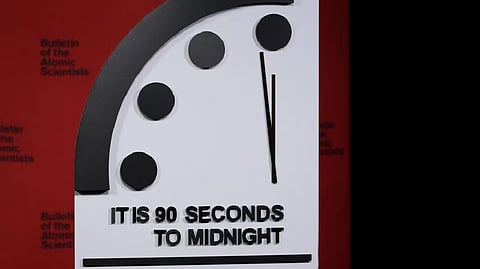 The clock with the Bulletin of the Atomic Scientists is placed ahead of the announcement of the location of the minute hand on its Doomsday Clock