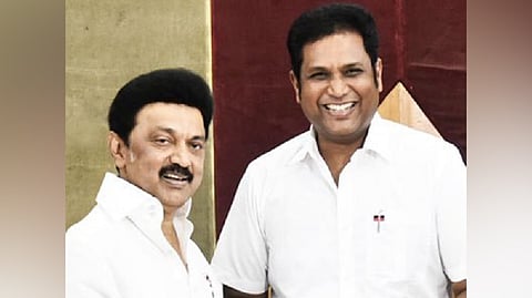 DMK leader TR Balu's son TRB Raja with CM Stalin