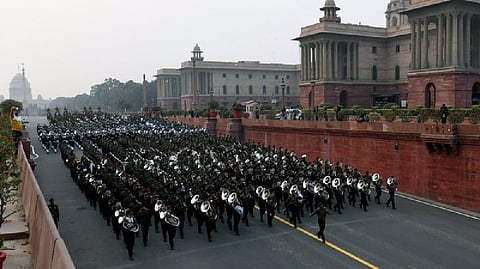 Army personnel performs during the full dress rehearsal for the 'Beating the Retreat' ceremony, at Vijay Chowk