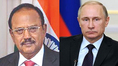 (L) Ajit Doval; Vladimir Putin (R)