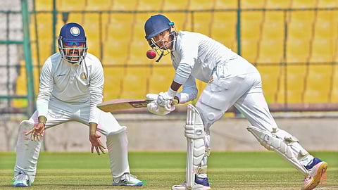 Karnataka captain Mayank Agarwal plays a shot against Saurashtra