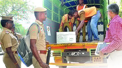 EVMs being taken to polling centres from the corporation office
in Erode