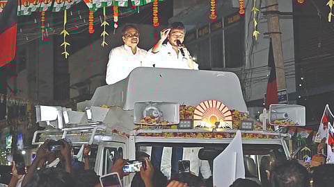 DMK youth wing secretary and Minister Udhayanidhi Stalin campaigning for Congress candidate EVKS Elangovan in Erode on Monday