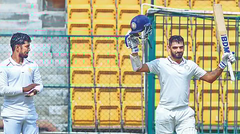 Saurashtra captain Arpit Vasavada celebrates his double century