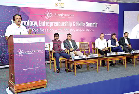 Minister Mano Thangaraj addressing an interactive session
in Chennai on Tuesday