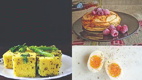 (L) Dhoklas, Pan cakes and Hard boiled eggs