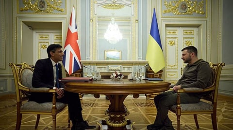 Ukraine's President Volodymyr Zelenskiy meets with British Prime Minister Rishi Sunak during his visit, as Russia's attack on Ukraine continues, in Kyiv