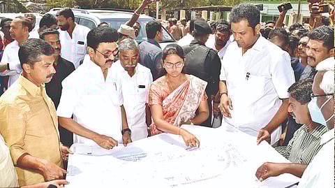 Chief Minister MK Stalin inspecting ongoing works for a new bus stand at Mannargudi on Wednesday