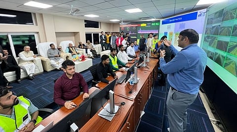 Union Minister Nitin Gadkari inspects the control room.