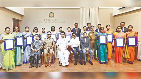 Chief Minister MK Stalin with the newly appointed DSPs and sub inspectors at the Secretariat on Tuesday