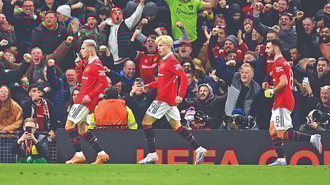 Antony (left) celebrates after scoring his team?s second goal