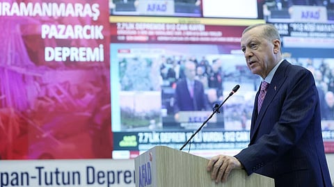 Turkish President Tayyip Erdogan speaks at the coordination center of Turkey's Disaster and Emergency Management Authority (AFAD) in Ankara