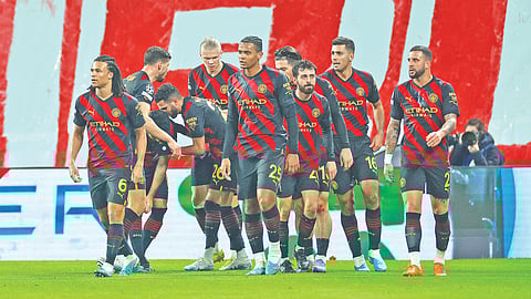 Manchester City celebrate scoring against RB Leipzig