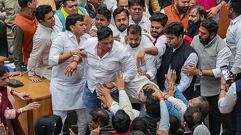 Councillors of AAP & BJP clash during the election of members of the MCD Standing Committee, at the Civic Centre in New Delhi.