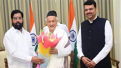 Maha CM Eknath Shinde and Dy CM Devendra Fadnavis with Outgoing Governor Bhagat Singh Koshyari.