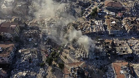 Destroyed buildings are seen from above in Antakya, southeastern Turkey.