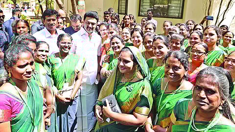 Chief Minister MK Stalin interacting with staff of Vidyodaya Schools in Chennai on Thursday