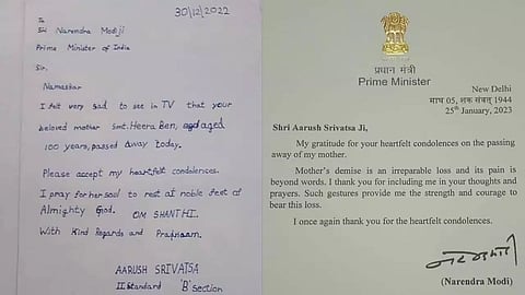(R) Aarush Srivatsa's letter (L)Prime Minister Narendra Modi's letter