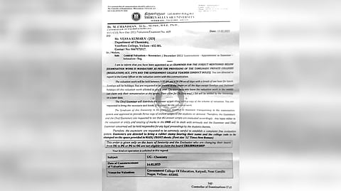 The letter sent to deceased Prof Vijaya Kumar asking him to report for valuation duty by the Thiruvalluvar University