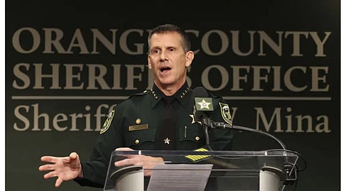 Orange County Sheriff John Mina addresses the media during a press conference about multiple shootings, Wednesday, Feb. 22, 2023, in Orlando, Fla.