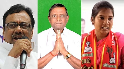 (From L to R) EVKS Elangovan, KS Thennarasu and Menaka Navaneethan