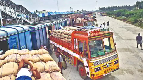 Paddy bags loaded on to goods wagons at the reopened yard
in Pattukkottai railway station on Monday