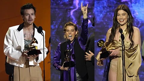 (L to R) Harry Styles, Brandi Carlile and Rhian Teasdale of Wet Leg accept their award at the 65th annual Grammy Awards.