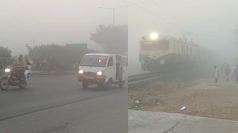 Fog in road; Fog in the railway station