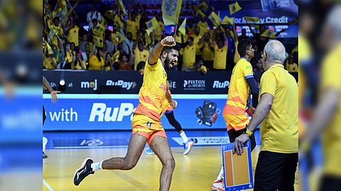 Chennai Blitz celebrate after winning a point in PVL match