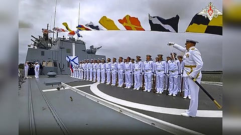 Russian military sailors stand in solemn formation onboard of the Admiral Gorshkov frigate of the Russian navy in Richards Bay, South Africa.