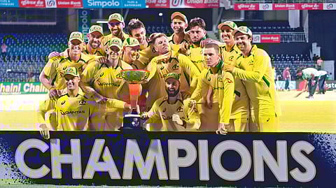 Australian players celebrating the victory.
