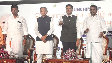 Union Minister Mansukh Mandaviya launches Saurashtra Tamil Sangamam. Also seen are L Murugan and K Annamalai.