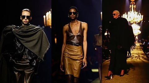 Models present a creation by designer Anthony Vaccarello as part of his Fall-Winter 2023/2024 Women's ready-to-wear collection show for fashion house Saint Laurent during Paris Fashion Week in Paris, France.