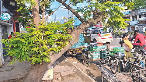 Passenger waits for bus on the road in Kodambakkam