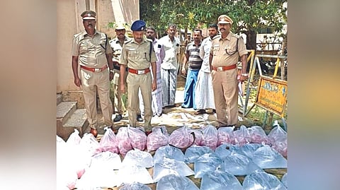The seized arrack sachets in Nagai.