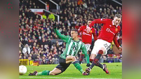 Manchester United striker Wout Weghorst (right) completed the rout with the team?s fourth goal.