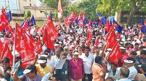 Trade union members during the agitation in Chennai on Tuesday