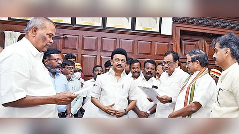 Newly elected Erode East MLA EVKS Elangovan taking oath at Speaker?s chamber in the presence of Chief Minister MK Stalin at the Secretariat on Friday.