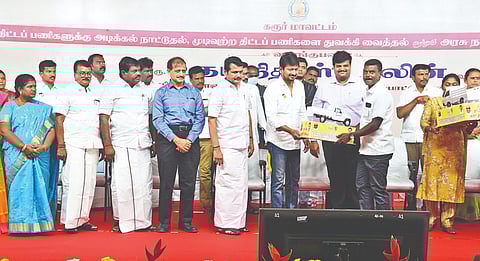 Udhayanidhi Stalin distributing welfare assistance in Karur