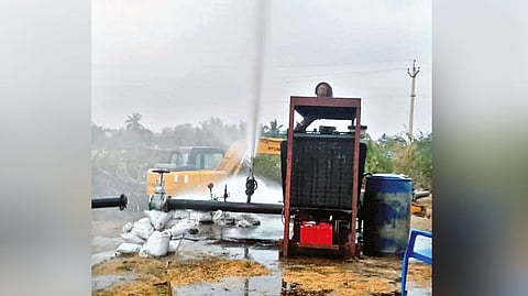 Water gushes out of a pipe in Pattinacherri in Nagapattinam district on Friday.