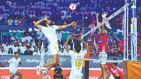 Action from the Ahmedabad Defenders-Calicut Heroes semi-final match in Kochi