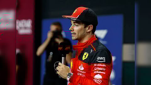Ferrari's Charles Leclerc is interviewed after qualifying in second position
