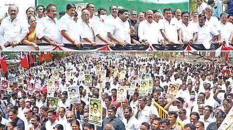 AIADMK workers led by Pollachi V Jayaraman protested in
Coimbatore against the filing of case on Edappadi Palaniswami