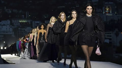 The Versace Fall/Winter 2023 collection is modeled on Thursday, March 9, 2023, at the Pacific Design Center in West Hollywood, Calif.